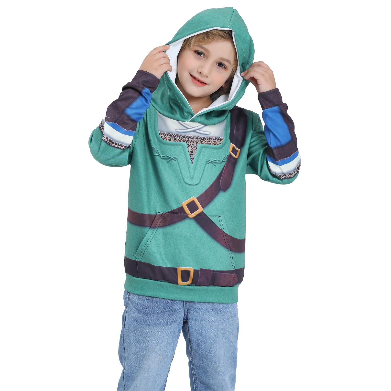 BEDJIMI 3D Print Hoodie for Kids Long Sleeve Hooded Sweatshirt Pullover Halloween Cosplay Costume for Boys Green