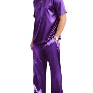 Ekouaer Men Satin Pajamas Set Round Neck Short Sleeve Night Shirt Long Pants with Elastic Waistband Silk Pj Set Purple Small