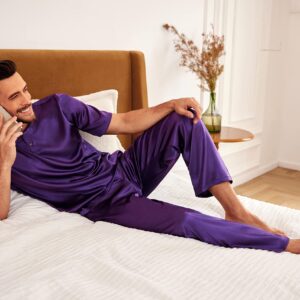 Ekouaer Men Satin Pajamas Set Round Neck Short Sleeve Night Shirt Long Pants with Elastic Waistband Silk Pj Set Purple Small