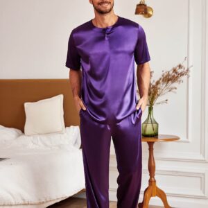 Ekouaer Men Satin Pajamas Set Round Neck Short Sleeve Night Shirt Long Pants with Elastic Waistband Silk Pj Set Purple Small