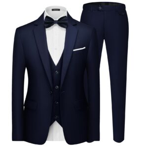 MAGE MALE Men's 3 Pieces Suit Elegant Solid One Button Slim Fit Single Breasted Party Blazer Vest Pants Set Dark Blue