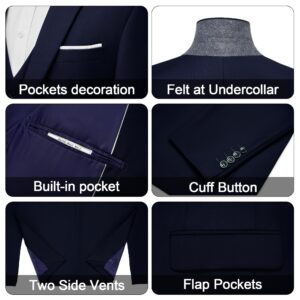 MAGE MALE Men's 3 Pieces Suit Elegant Solid One Button Slim Fit Single Breasted Party Blazer Vest Pants Set Dark Blue