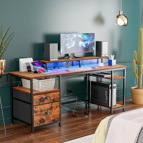 Furologee 61" Computer Desk with Power Outlet and USB Ports, Large Desk with Shelves and Drawer, Writing Study Desk with Fabric File Cabinet and Long Monitor Stand, Gaming Desk for Home Office