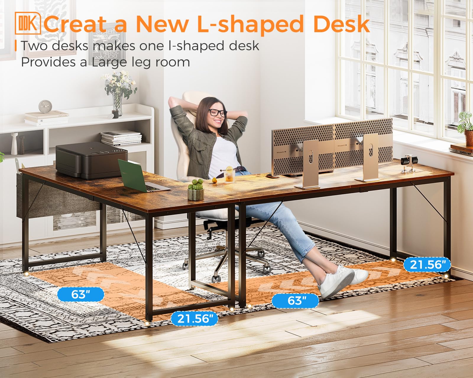 ODK Computer Desk Large Office Desk, 63 Inch Writing Desk with Storage, Modern PC Desk Work Table with Headphone Hook for Home Office, Spliced Tabletop, Rustic Brown