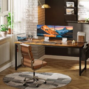 ODK Computer Desk Large Office Desk, 63 Inch Writing Desk with Storage, Modern PC Desk Work Table with Headphone Hook for Home Office, Spliced Tabletop, Rustic Brown