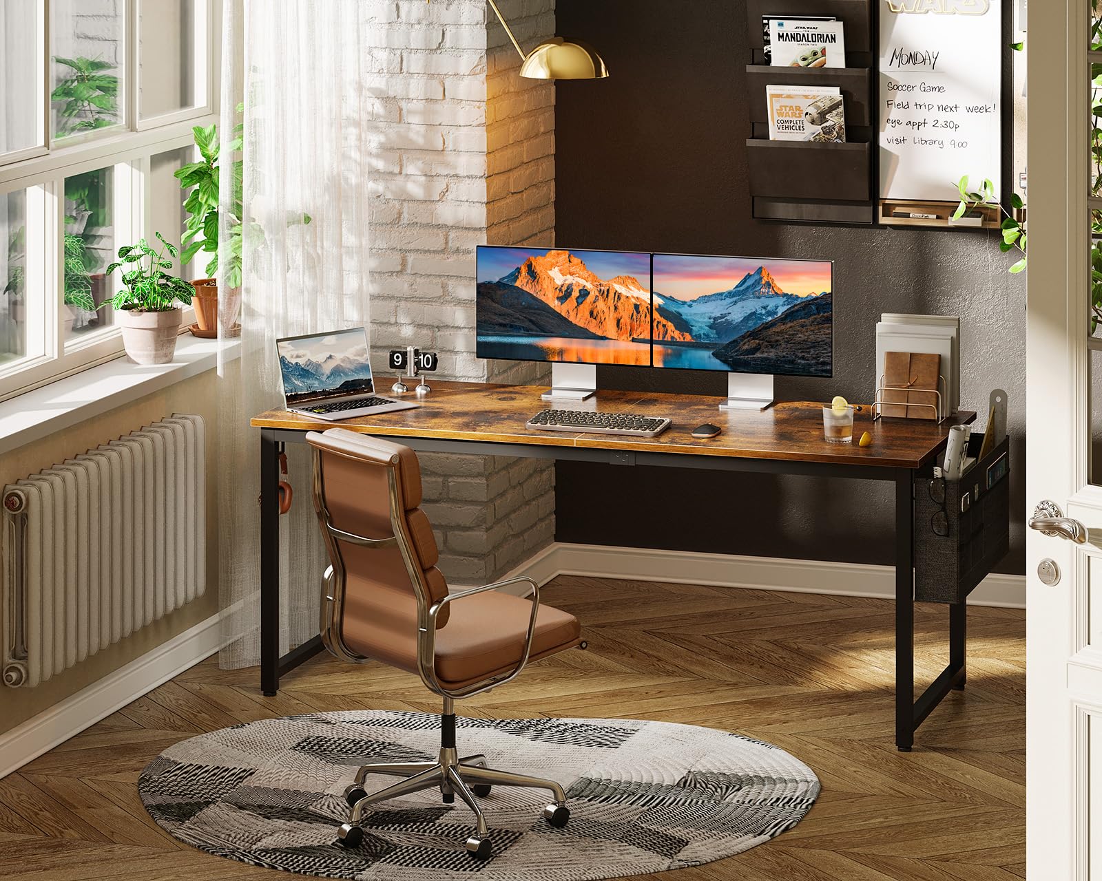 ODK Computer Desk Large Office Desk, 63 Inch Writing Desk with Storage, Modern PC Desk Work Table with Headphone Hook for Home Office, Spliced Tabletop, Rustic Brown