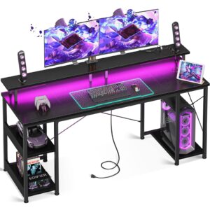 ODK 55 inch Gaming Desk with LED Lights & Power Outlets, Computer Desk with Monitor Stand & Storage Sheves, CPU Stand, Home Office Desk, Black