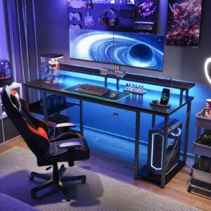 ODK 55 inch Gaming Desk with LED Lights & Power Outlets, Computer Desk with Monitor Stand & Storage Sheves, CPU Stand, Home Office Desk, Black