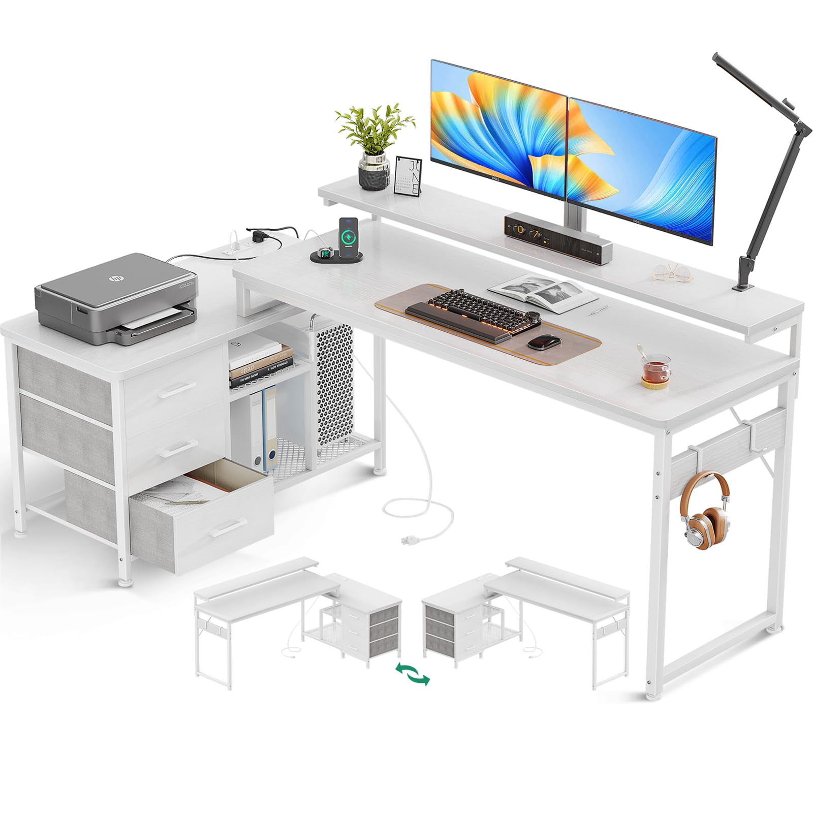 AODK 70 Inch L Shaped Computer Desk with Power Outlets & USB Charging Ports, Reversible L-Shaped Corner Desk with Drawers & Monitor Stand, Home Office Workstation with Storage Cabinet, White