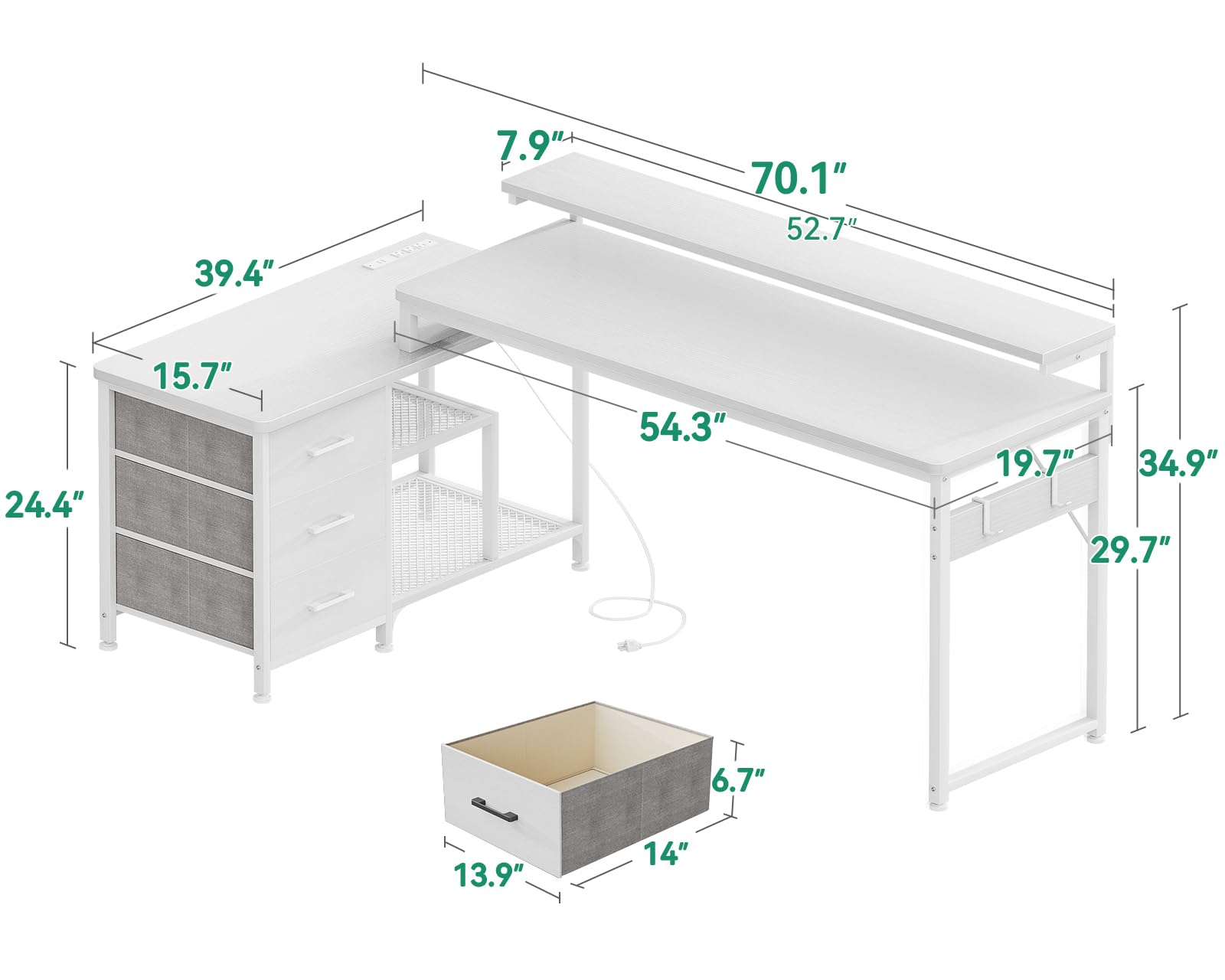 AODK 70 Inch L Shaped Computer Desk with Power Outlets & USB Charging Ports, Reversible L-Shaped Corner Desk with Drawers & Monitor Stand, Home Office Workstation with Storage Cabinet, White