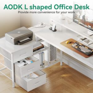 AODK 70 Inch L Shaped Computer Desk with Power Outlets & USB Charging Ports, Reversible L-Shaped Corner Desk with Drawers & Monitor Stand, Home Office Workstation with Storage Cabinet, White