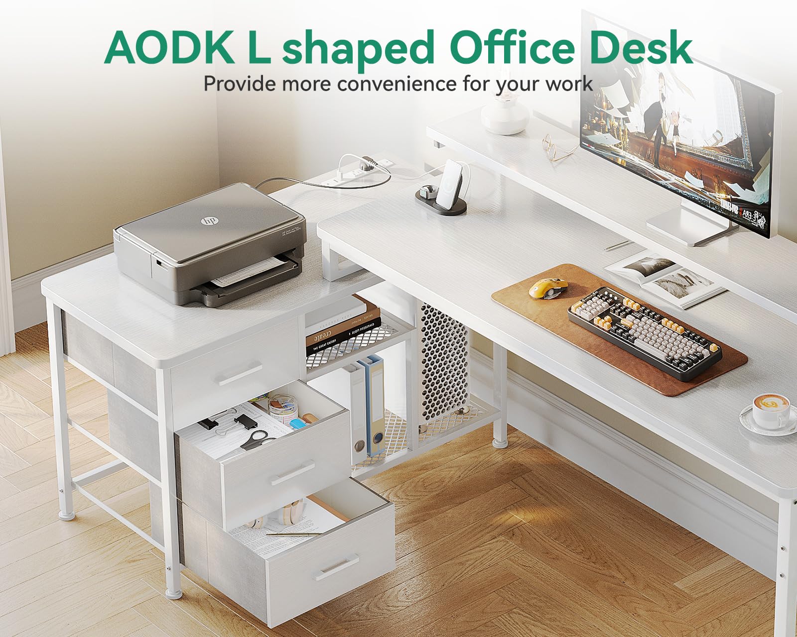 AODK 70 Inch L Shaped Computer Desk with Power Outlets & USB Charging Ports, Reversible L-Shaped Corner Desk with Drawers & Monitor Stand, Home Office Workstation with Storage Cabinet, White