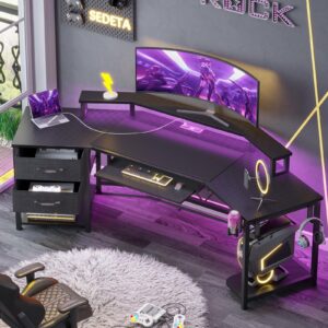 sedeta 79" gaming desk, computer desk with 2 fabric drawers & led light, l shaped gaming desk with storage shelf for home office, carbon fiber black