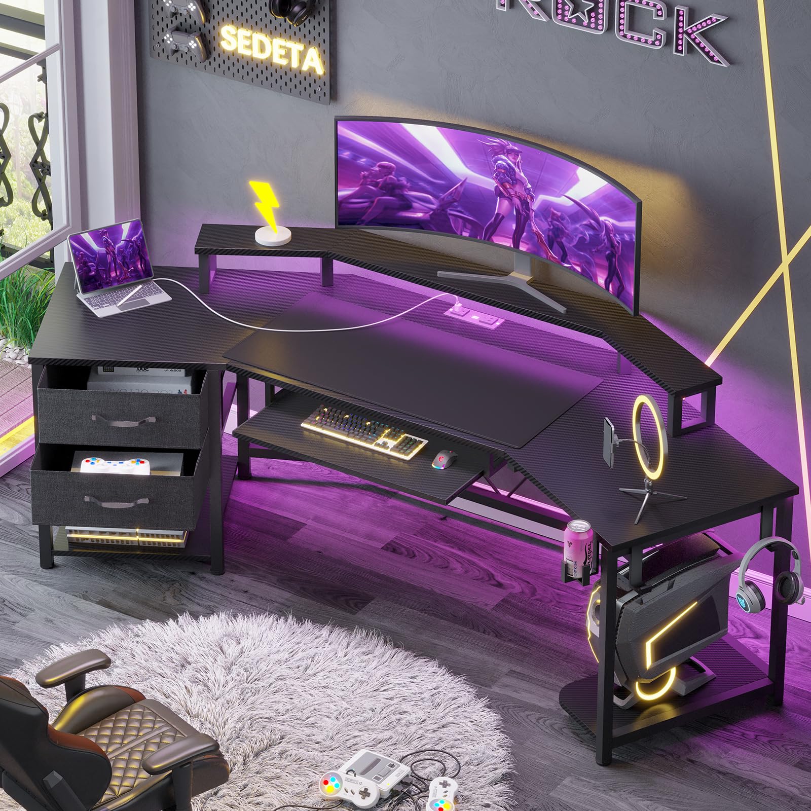 SEDETA 79" Gaming Desk, Computer Desk with 2 Fabric Drawers & LED Light, L Shaped Gaming Desk with Storage Shelf for Home Office, Carbon Fiber Black