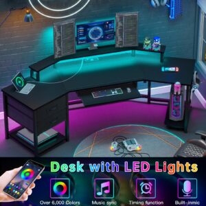 SEDETA 79" Gaming Desk, Computer Desk with 2 Fabric Drawers & LED Light, L Shaped Gaming Desk with Storage Shelf for Home Office, Carbon Fiber Black