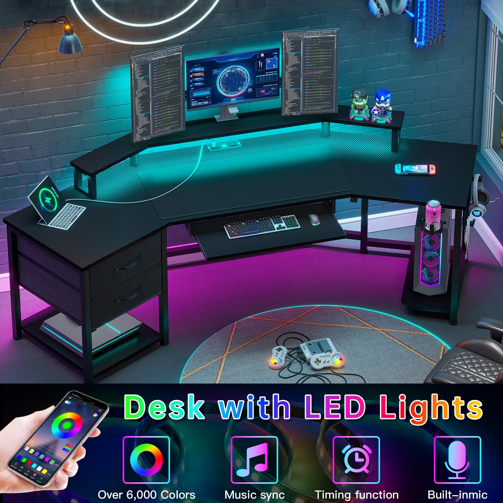 SEDETA 79" Gaming Desk, Computer Desk with 2 Fabric Drawers & LED Light, L Shaped Gaming Desk with Storage Shelf for Home Office, Carbon Fiber Black