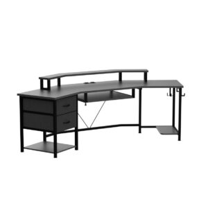 SEDETA 79" Gaming Desk, Computer Desk with 2 Fabric Drawers & LED Light, L Shaped Gaming Desk with Storage Shelf for Home Office, Carbon Fiber Black