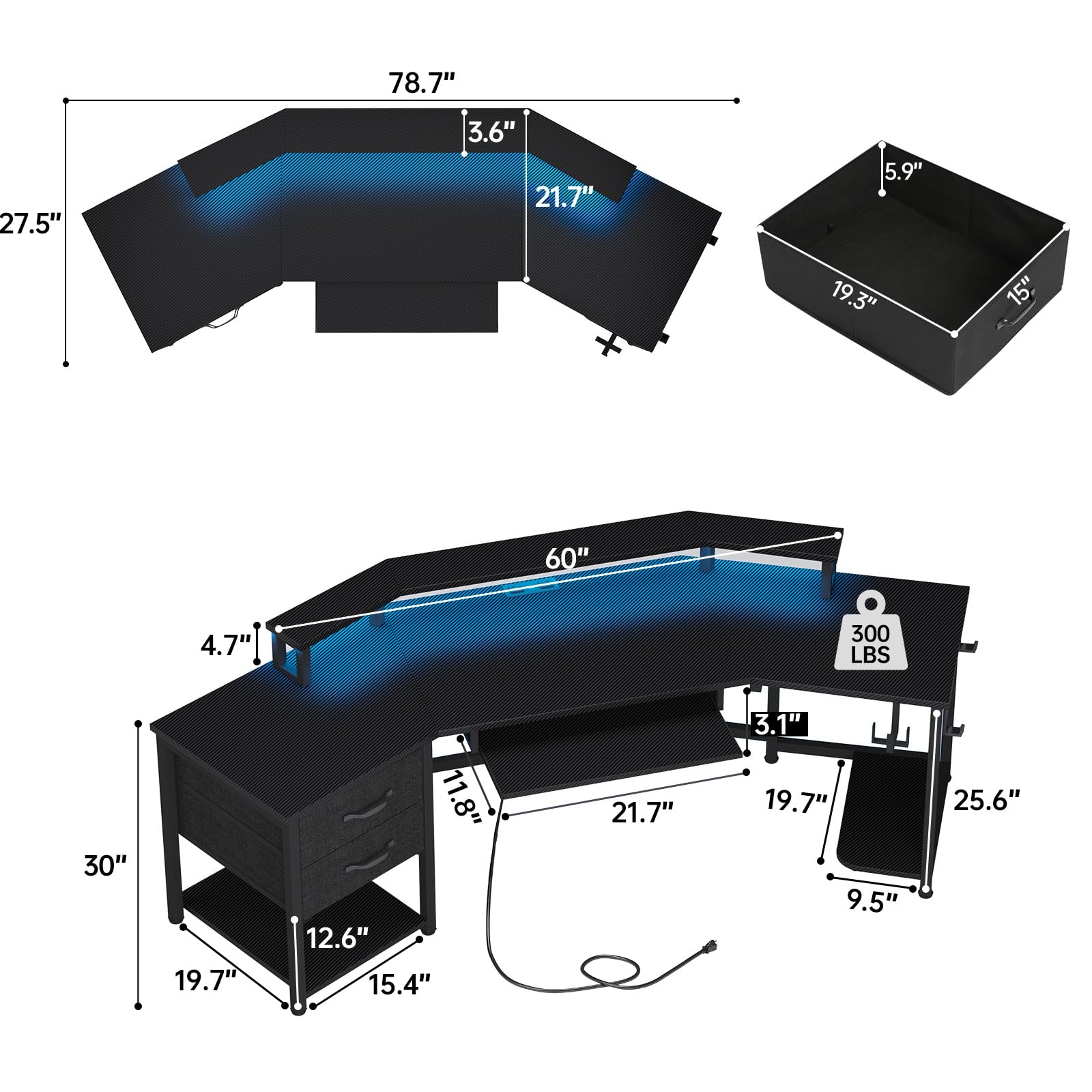 SEDETA 79" Gaming Desk, Computer Desk with 2 Fabric Drawers & LED Light, L Shaped Gaming Desk with Storage Shelf for Home Office, Carbon Fiber Black