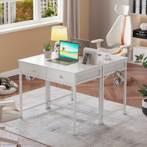 Furologee White Small Computer Desk with 2 Fabric Drawers, 36 Inch Simple Home Office Writing Desk, Vanity Desk with Hooks, Study Desk for Bedroom Small Spaces