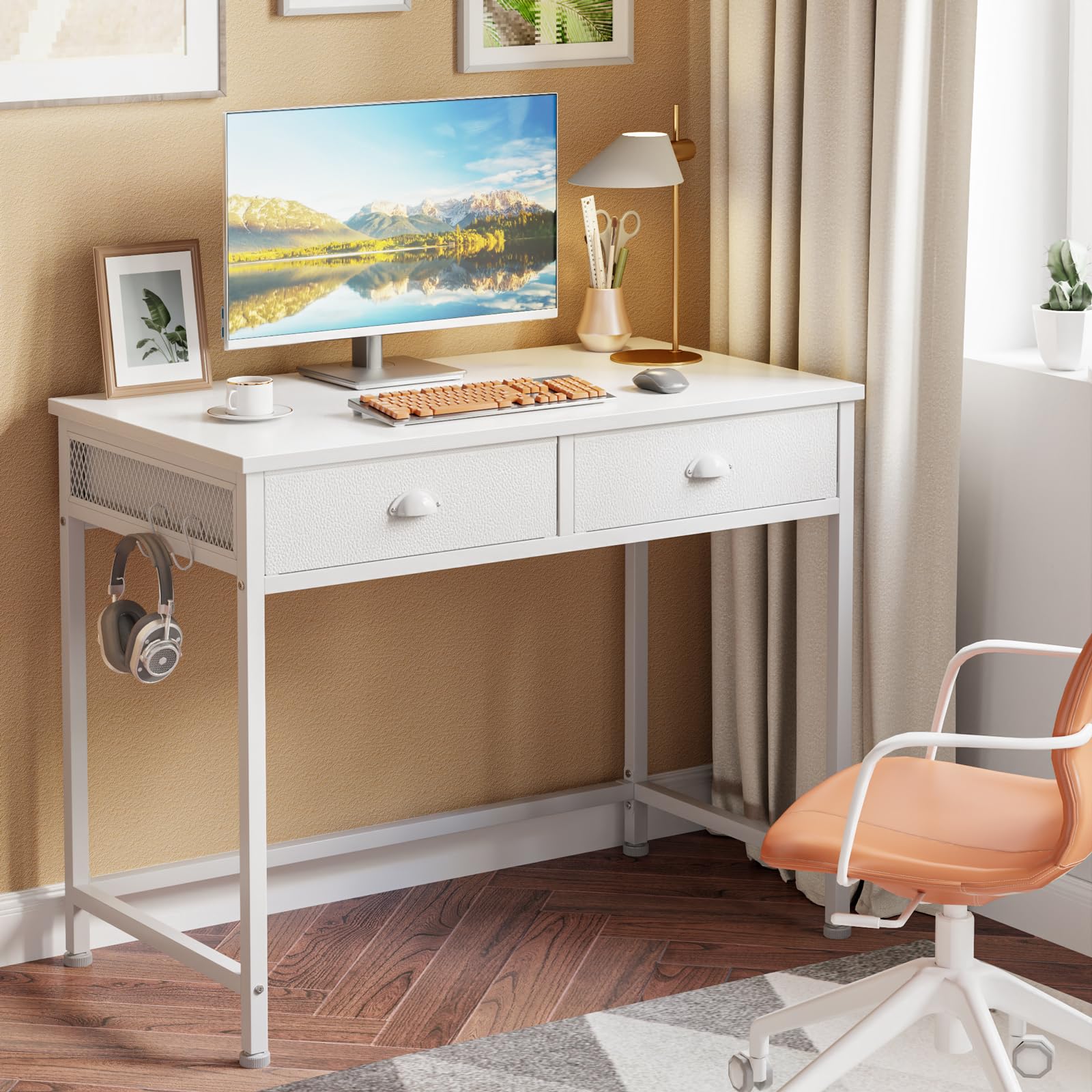 Furologee White Small Computer Desk with 2 Fabric Drawers, 36 Inch Simple Home Office Writing Desk, Vanity Desk with Hooks, Study Desk for Bedroom Small Spaces