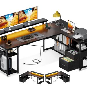 ODK L Shaped Gaming Desk with File Drawers, Reversible Computer Desk with Power Outlets & LED Lights, Home Office Desk with Storage Shelves, 61 Inch Bedroom Corner Desk with Monitor Stand, Black