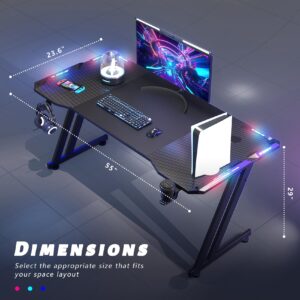 HLDIRECT 55 Inch Gaming Desk with LED Lights Carbon Fibre Surface Gaming Table Large Computer Desk Ergonomic Home Office Desks Z Shaped PC Gamer Workstations with Cup Holder & Headphone Hook Black