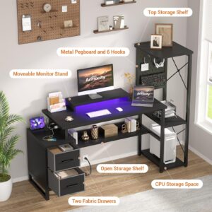 Computer Desk with 2 Fabric Drawers - Reversible Home Office Desk with Power Outlet & LED Lights, 53" Writing Desk with Monitor Stand & Storage Shelves, Gaming Desk Study Table with Pegboard, Black