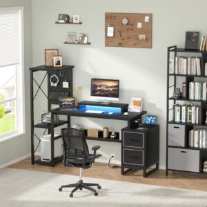 Computer Desk with 2 Fabric Drawers - Reversible Home Office Desk with Power Outlet & LED Lights, 53" Writing Desk with Monitor Stand & Storage Shelves, Gaming Desk Study Table with Pegboard, Black