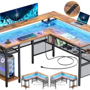 Unikito L Shaped Desk with LED Light and Power Outlet, Reversible Corner Computer Table with Monitor Stand and Storage Shelf, Modern L- Shaped Gaming Desk, Ergonomic Home Office Desk, Rustic Brown