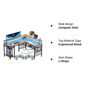 Unikito L Shaped Desk with LED Light and Power Outlet, Reversible Corner Computer Table with Monitor Stand and Storage Shelf, Modern L- Shaped Gaming Desk, Ergonomic Home Office Desk, Rustic Brown