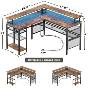 Unikito L Shaped Desk with LED Light and Power Outlet, Reversible Corner Computer Table with Monitor Stand and Storage Shelf, Modern L- Shaped Gaming Desk, Ergonomic Home Office Desk, Rustic Brown