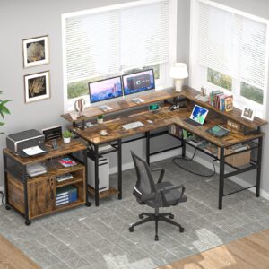 Unikito L Shaped Desk with LED Light and Power Outlet, Reversible Corner Computer Table with Monitor Stand and Storage Shelf, Modern L- Shaped Gaming Desk, Ergonomic Home Office Desk, Rustic Brown