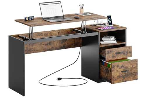 Bestier 60 inch Home Office Desk with Power Outlets, Computer Desk with Drawers, Reversible Desk with File Drawer, Adjustable Height Desk with Storage for Home Office, Brown