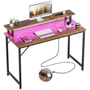 isunirm 47 inch computer desk with power outlets, gaming desk with led lights, home office work desk with monitor shelf, modern office desk study writing table for small spaces, rustic brown