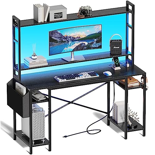 Huuger 55 inch Computer Desk with Adjustable Shelves, Gaming Desk with LED Lights & Power Outlets, Home Office Desk with Monitor Stand, Hooks & CPU Stand, Black