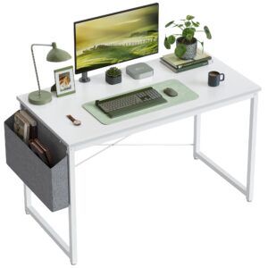 cubiker computer desk 40 inch home office writing study desk, modern simple style laptop table with storage bag, white metal frame, white