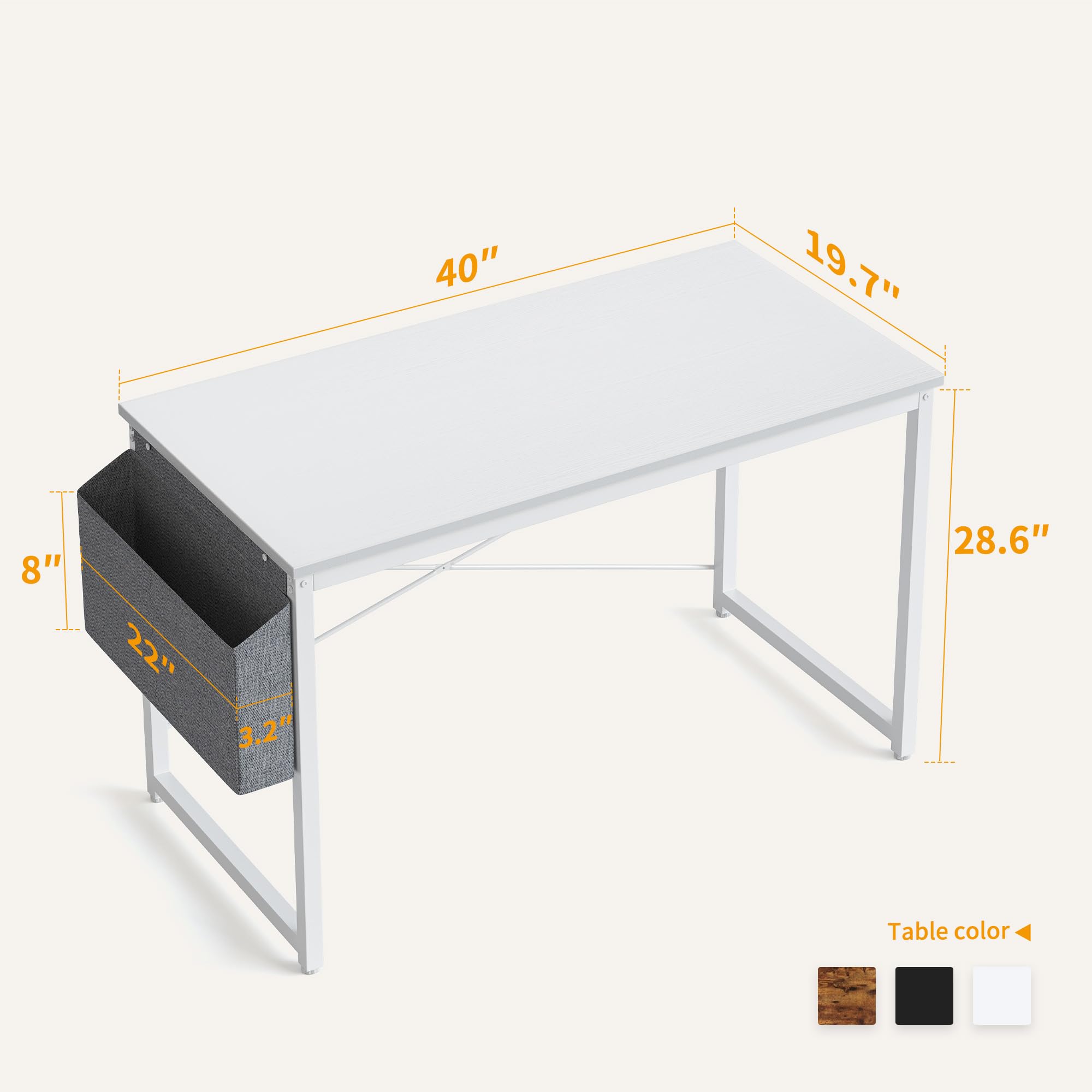 Cubiker Computer Desk 40 inch Home Office Writing Study Desk, Modern Simple Style Laptop Table with Storage Bag, White Metal Frame, White