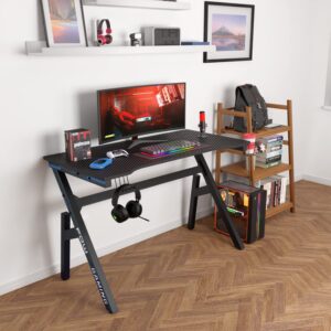 BestOffice Gaming Desk Computer Desk 47"x 23" Home Office Desk Extra Large Modern Ergonomic Black PC Carbon Fiber Table Gamer Workstation with Cup Holder Headphone Hook,Blue