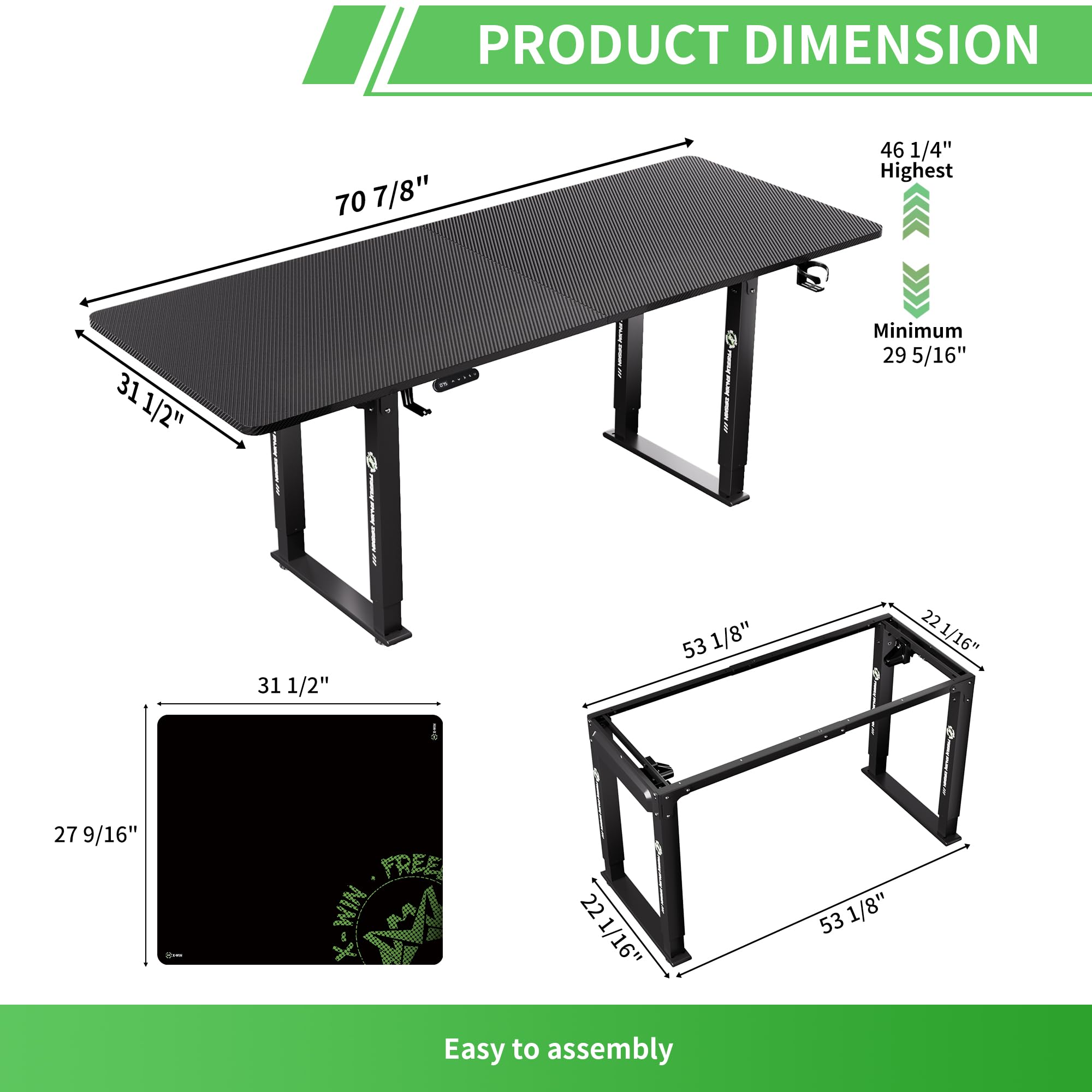 Klobel X-Win Electric Height Adjustable Standing Desk, 71" x 31.5" Inch 4-Leg Ergonomic Sit to Stand Desk for Home Office, Powerful Dual Motor Work Desk, Carbon Fiber Textured Black