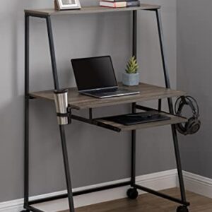 Studio Space 33" Computer Desk, Space-Saving Mobile Workstation with Lockable Wheels, Cup Holder and Headset Hook for Home Office, Brown