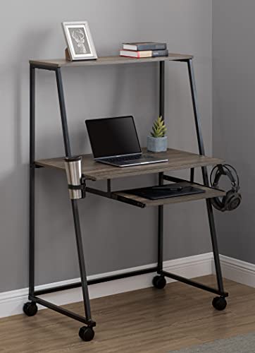 Studio Space 33" Computer Desk, Space-Saving Mobile Workstation with Lockable Wheels, Cup Holder and Headset Hook for Home Office, Brown