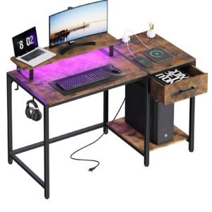 Computer Desk with Wooden Drawers - 47 inch Gaming Desk with Led Lights & Outlets, Home office Desk with Monitor Stand & Headphone Hook, Rustic