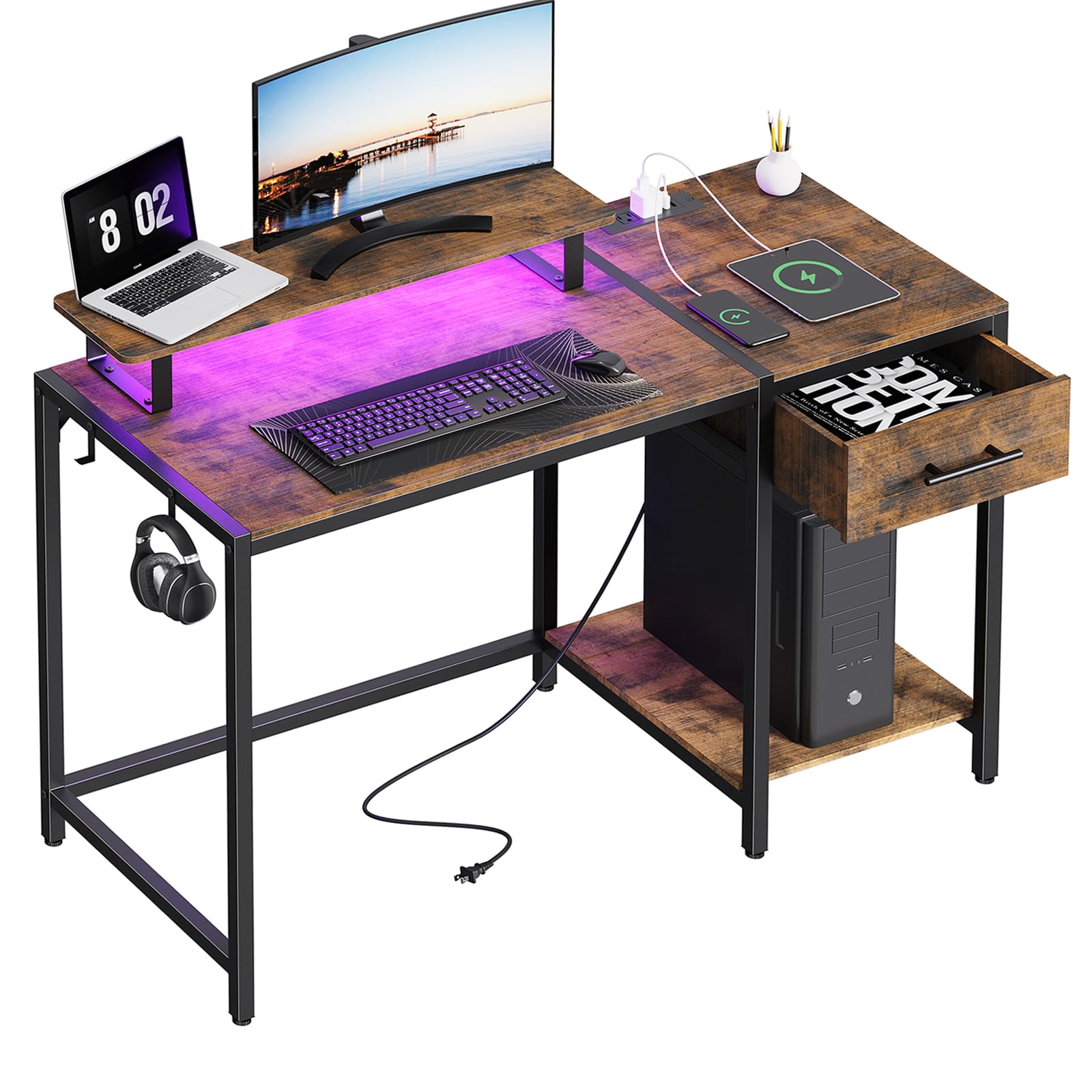 Computer Desk with Wooden Drawers - 47 inch Gaming Desk with Led Lights & Outlets, Home office Desk with Monitor Stand & Headphone Hook, Rustic