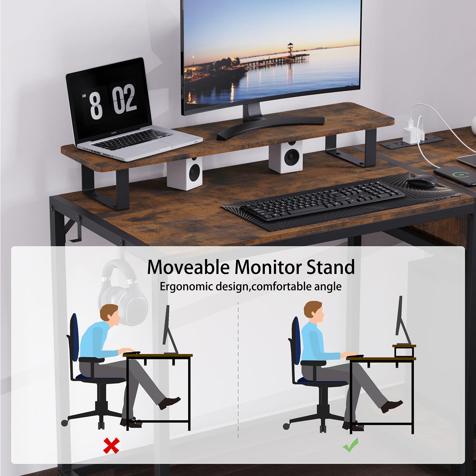 Computer Desk with Wooden Drawers - 47 inch Gaming Desk with Led Lights & Outlets, Home office Desk with Monitor Stand & Headphone Hook, Rustic