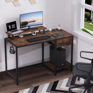 Computer Desk with Wooden Drawers - 47 inch Gaming Desk with Led Lights & Outlets, Home office Desk with Monitor Stand & Headphone Hook, Rustic