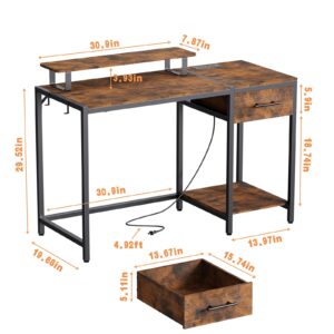 Computer Desk with Wooden Drawers - 47 inch Gaming Desk with Led Lights & Outlets, Home office Desk with Monitor Stand & Headphone Hook, Rustic