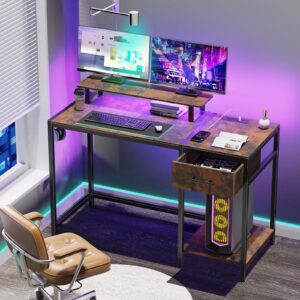 Computer Desk with Wooden Drawers - 47 inch Gaming Desk with Led Lights & Outlets, Home office Desk with Monitor Stand & Headphone Hook, Rustic