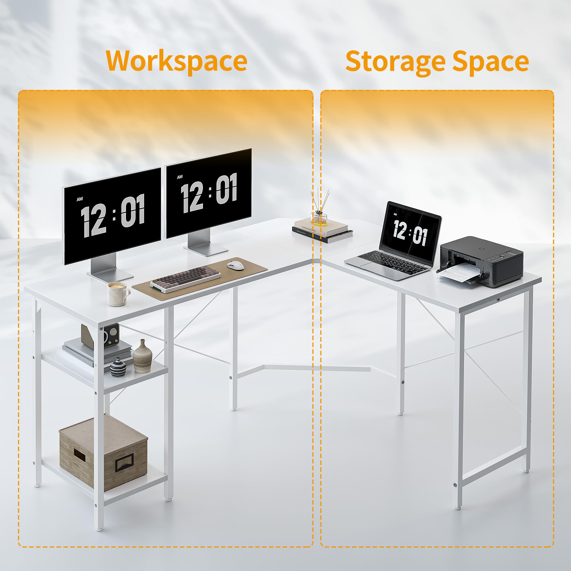 CubiCubi L Shaped Desk, 59.1 Inch Reversible Corner Desk with Storage Shelves, Home Office Desk for Writing Gaming Study, White