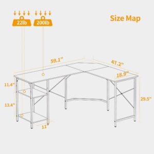 CubiCubi L Shaped Desk, 59.1 Inch Reversible Corner Desk with Storage Shelves, Home Office Desk for Writing Gaming Study, White