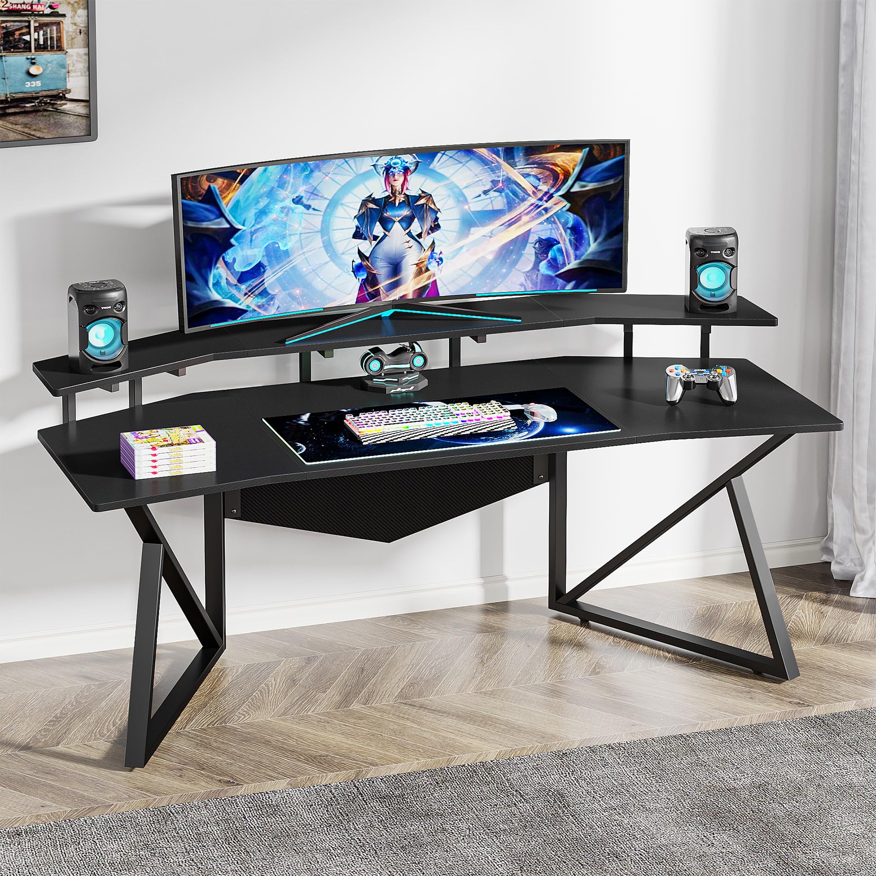 Tribesigns Computer Desk, 70.9" Large Home Office Desk with Monitor Stand, Modern Wing-Shaped Gaming Studio Desk Study Table Workstation for Live, Streamer, Black